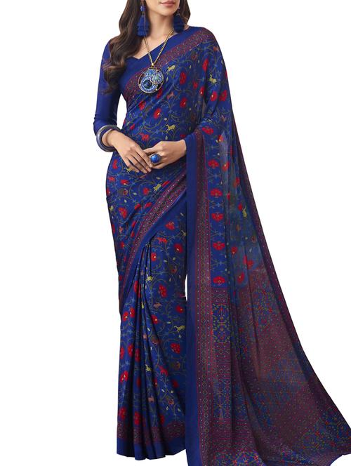 navy kalamkari printed saree with blouse - 16113119 - Very Small Image - 1