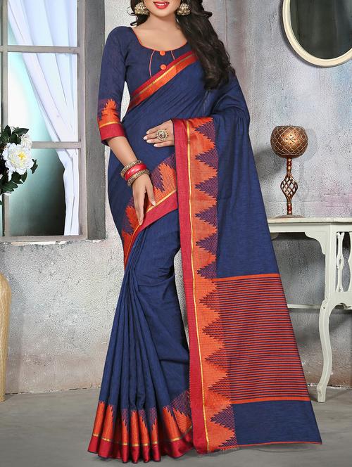 contrast temple border woven saree - 16113194 - Very Small Image - 1