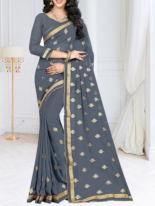 lace border grey embroidered saree - 16113242 - Very Small Image - 1