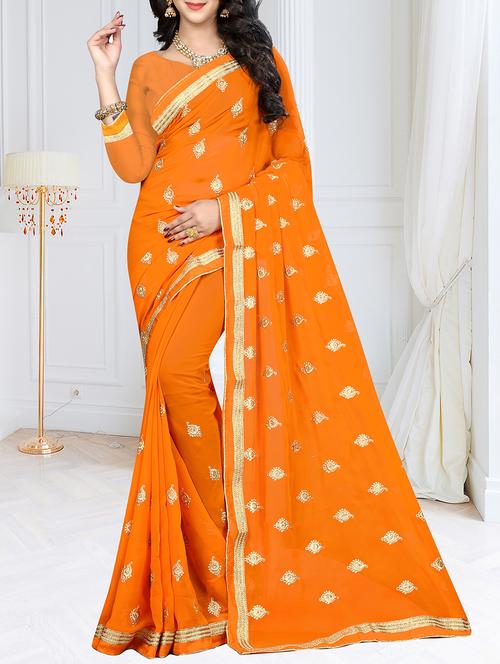 lace border orange embroidered saree - 16113243 - Very Small Image - 1