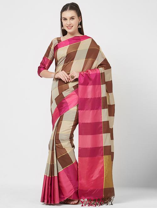 contrast checkered zari woven saree - 16113760 - Very Small Image - 1