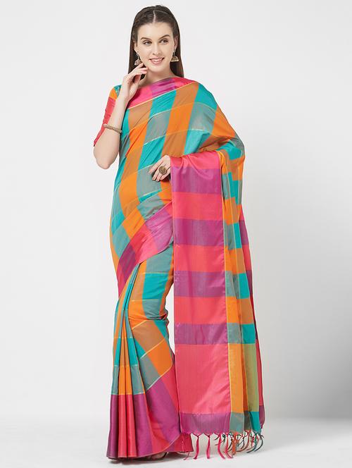 contrast checkered zari woven saree - 16113767 - Very Small Image - 1
