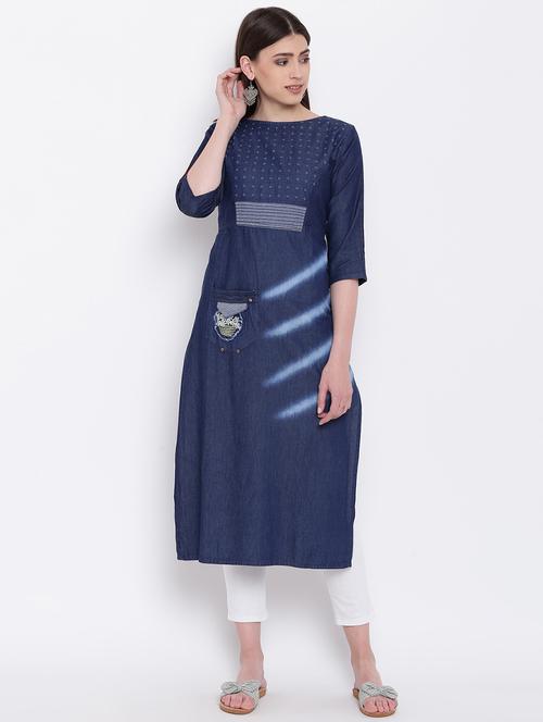 patchwork denim straight kurta - 16113957 - Very Small Image - 1