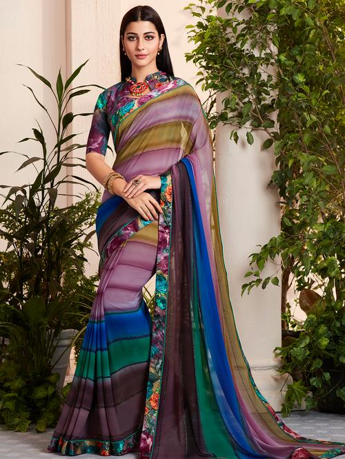 striped embellished printed saree with blouse - 16114966 - Very Small Image - 1