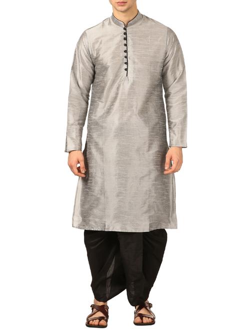 silver silk blend dhoti kurta  set - 16114994 - Very Small Image - 1