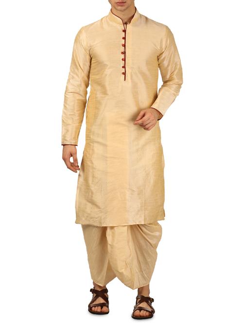beige silk blend dhoti kurta set - 16115003 - Very Small Image - 1