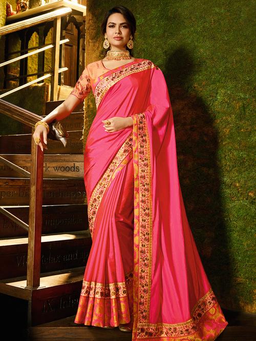 embroidered border pink saree - 16119960 - Very Small Image - 1