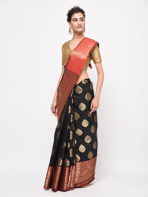 contrast zari border banarasi saree with blouse - 16124389 - Very Small Image - 1