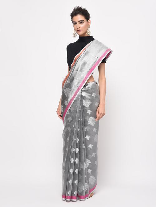 floral zari motif banarasi saree with blouse - 16124391 - Very Small Image - 1