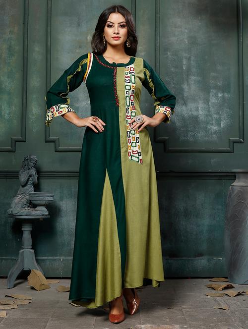 embroidered green flared ethnic dress - 16128708 - Very Small Image - 1