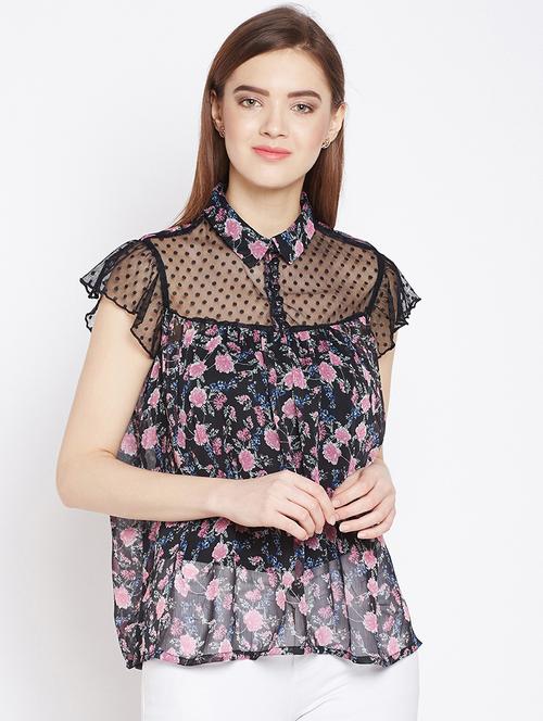 dobby panel floral sheer top - 16133742 - Very Small Image - 1