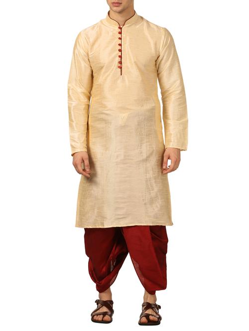 beige silk blend dhoti kurta set - 16134968 - Very Small Image - 1