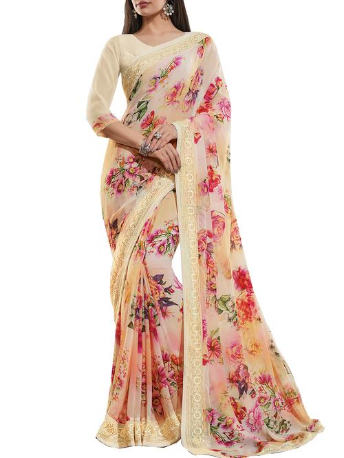 embroidered border floral printed saree with blouse - 16135558 - Very Small Image - 1