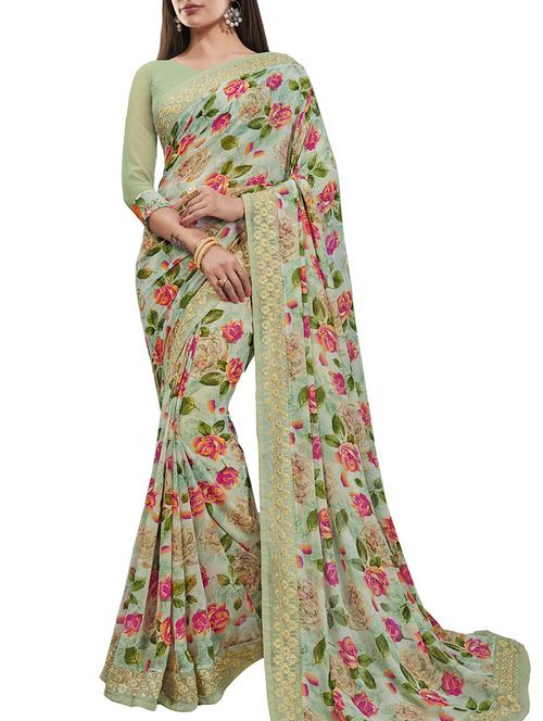 embroidered border floral printed saree with blouse - 16135565 - Very Small Image - 1