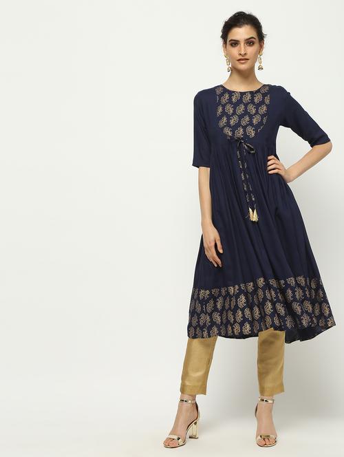 foil printed flared kurta - 16138446 - Very Small Image - 1
