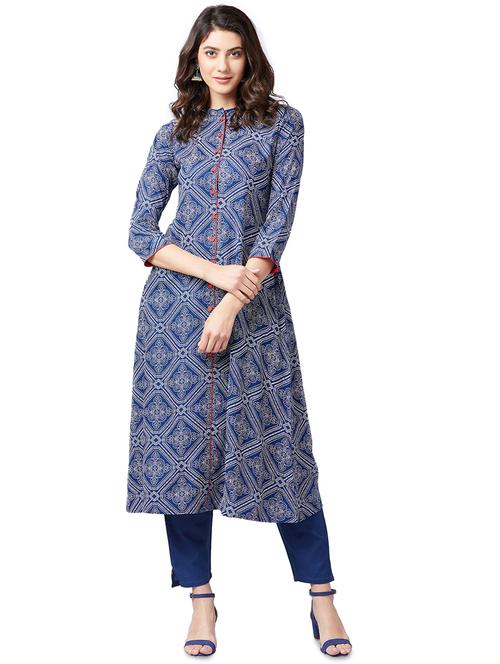 contrast piping printed a-line kurta - 16138826 - Very Small Image - 1