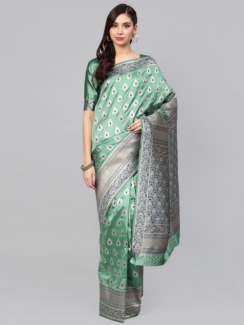 ethnic zari motif woven saree with blouse - 16140271 - Very Small Image - 1