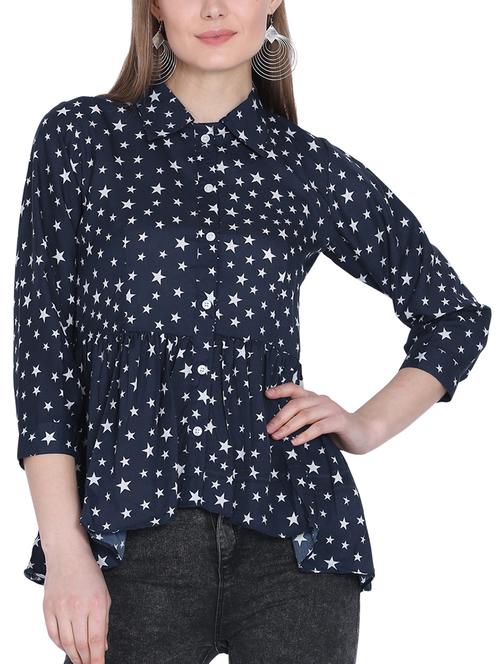 ruffled hem star print button up top - 16142776 - Very Small Image - 1