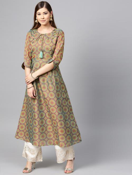 printed a-line kurta with tassels - 16157689 - Very Small Image - 1
