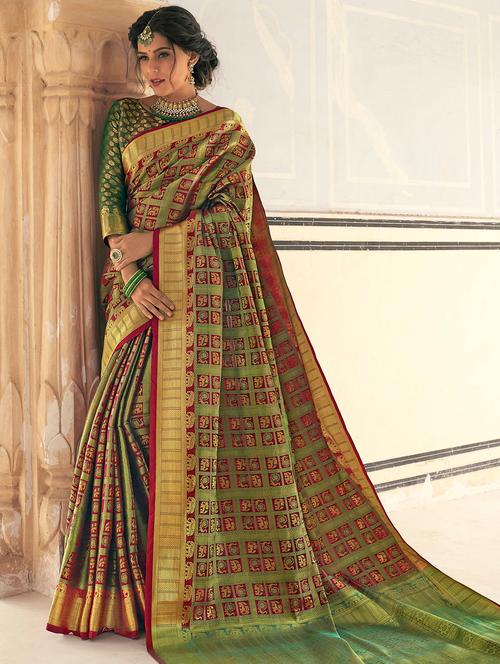conversational zari motif banarasi saree with blouse - 16157966 - Very Small Image - 1