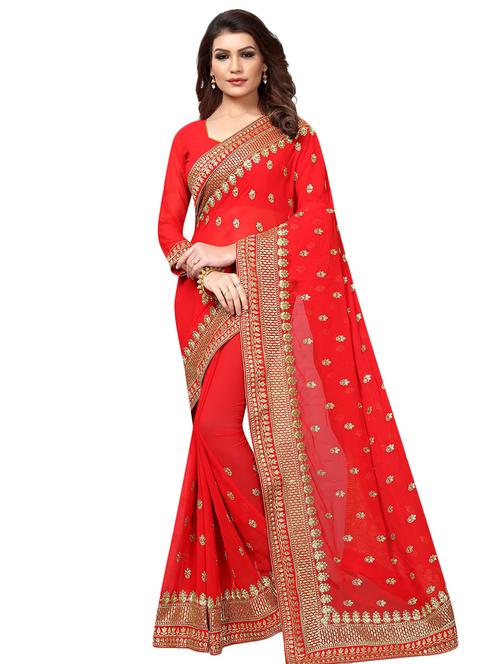 red georgette embroidered saree with blouse - 16165798 - Very Small Image - 1