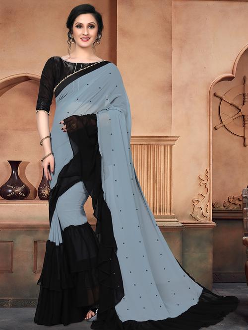 ruffle border embellished saree with blouse - 16166234 - Very Small Image - 1