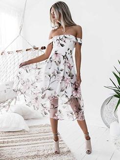 off shoulder floral flared dress - 16166316 - Very Small Image - 1