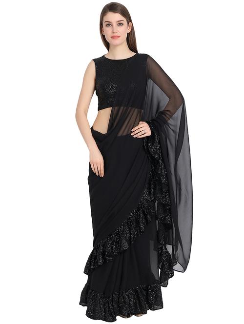 ruffle border fusion saree with blouse - 16171670 - Very Small Image - 1