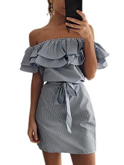 tie knot ruffled off shoulder dress - 16176251 - Very Small Image - 1