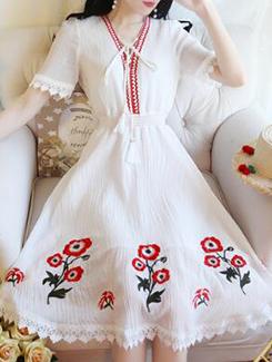 lace detail embroidered flared dress - 16176508 - Very Small Image - 1