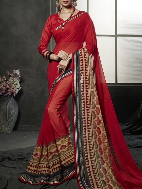 red floral printed saree with blouse - 16180406 - Very Small Image - 1