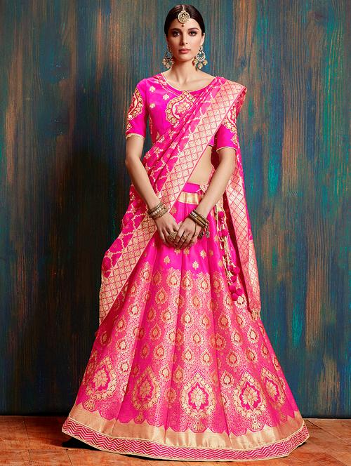 pink silk flared lehenga - 16185053 - Very Small Image - 1