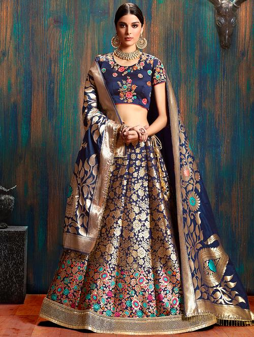 blue silk flared lehenga - 16185054 - Very Small Image - 1