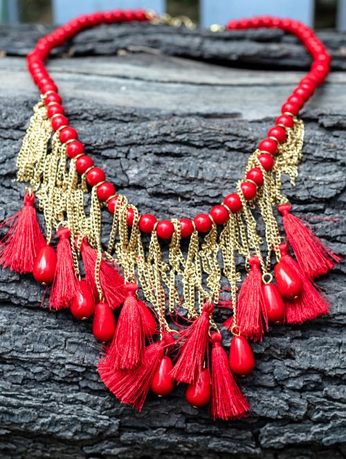 red cotton blend statement necklace - 16185777 - Very Small Image - 1