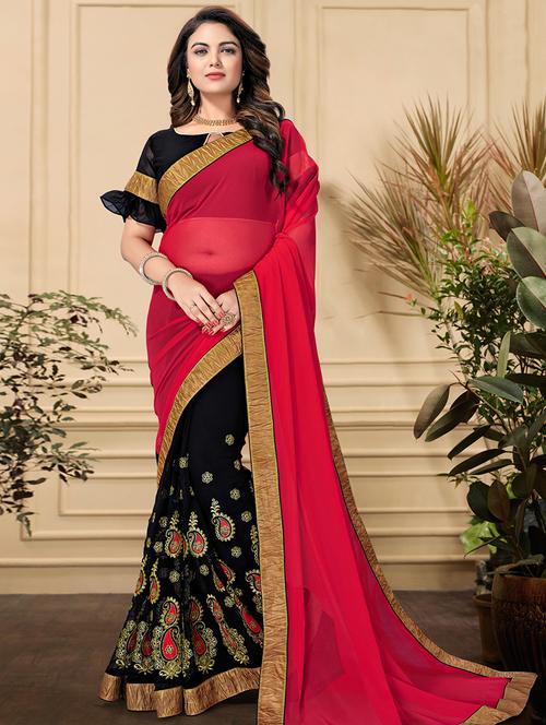 half & half embroidered saree with blouse - 16185835 - Very Small Image - 1