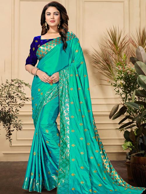 turquoise silk embroidered saree with blouse - 16185836 - Very Small Image - 1