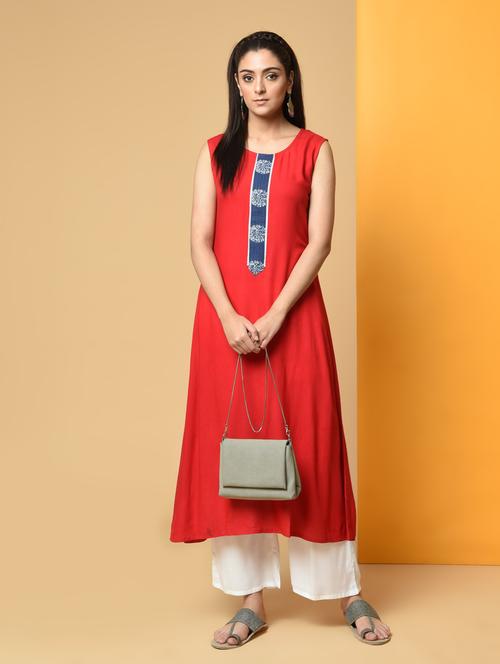 printed placket solid a-line kurta - 16193019 - Very Small Image - 1