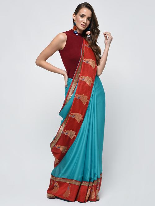 contrast zari border saree with blouse - 16198787 - Very Small Image - 1