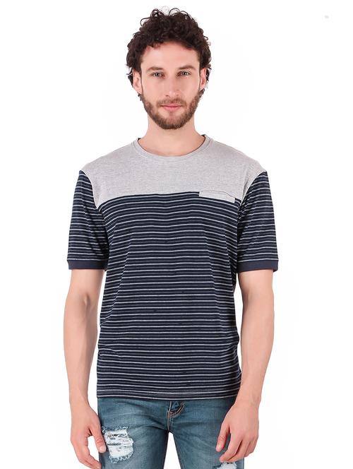 navy blue striped round neck pocket tshirt - 16222016 - Very Small Image - 1