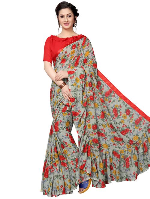 floral ruffled saree - 16237166 - Very Small Image - 1