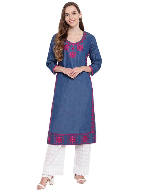 embroidered denim straight kurta - 16239873 - Very Small Image - 1