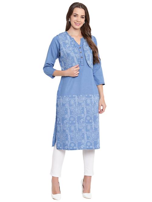 paisley print denim kurta with jacket  - 16239880 - Very Small Image - 1