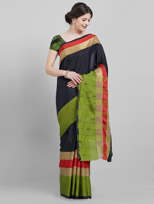 contrast bordered saree with blouse - 16251910 - Very Small Image - 1