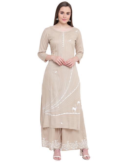 printed straight kurta with palazzo set - 16261345 - Very Small Image - 1