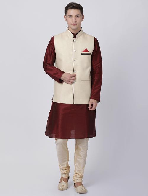 maroon silk blend kurta pyjama set with nehru jacket - 16263903 - Very Small Image - 1