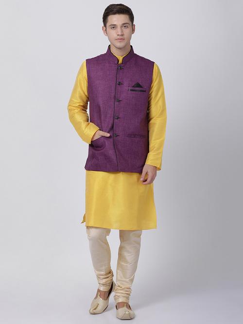 yellow silk blend kurta pyjama set with nehru jacket - 16263911 - Very Small Image - 1