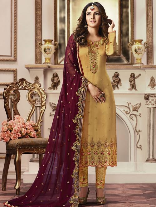 embroidered churidaar semi-stitched suit - 16264184 - Very Small Image - 1