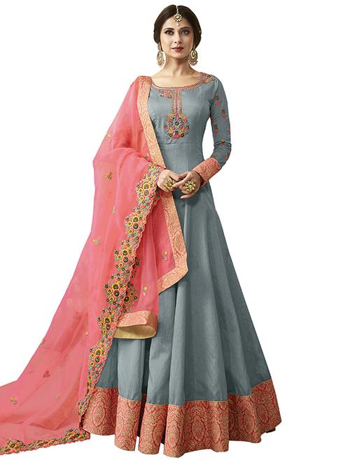 embroidered semi-stitched suit - 16266092 - Very Small Image - 1