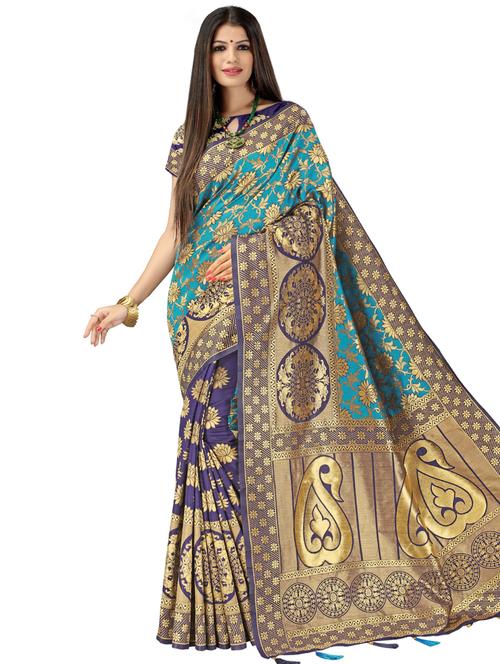 floral zari motif banarasi saree with blouse - 16266190 - Very Small Image - 1