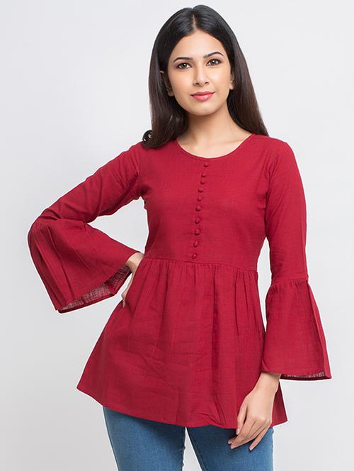 botton detail bell sleeved top - 16269292 - Very Small Image - 1